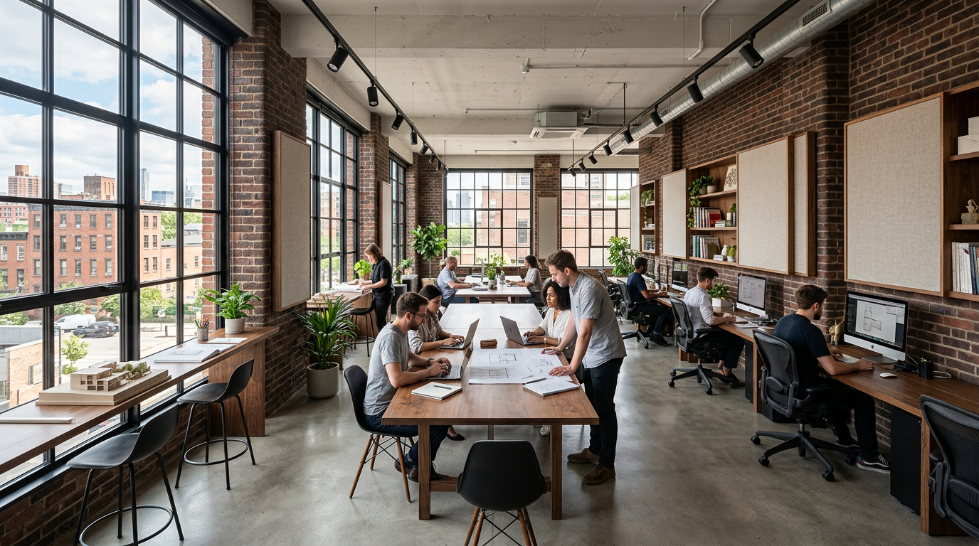 Corporate team collaborating in a modern office