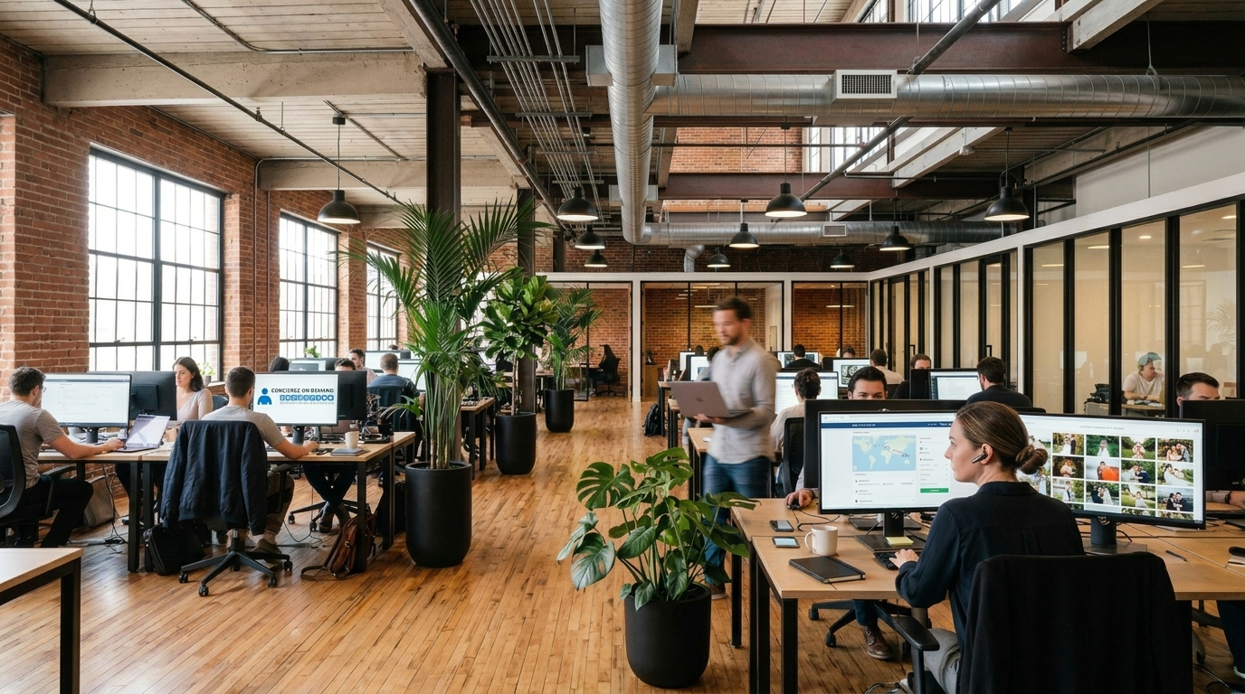 Concierge professionals working together in a modern open office
